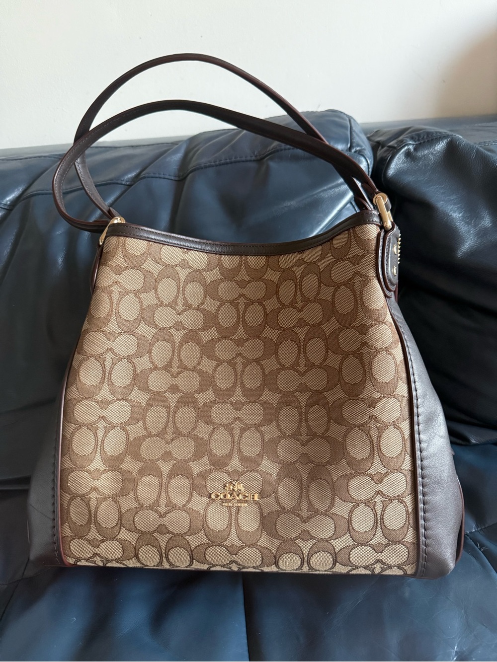 Coach Brown Edie 31 Signature Jacquard Canvas Shoulder Bag with Dark Brown Trim